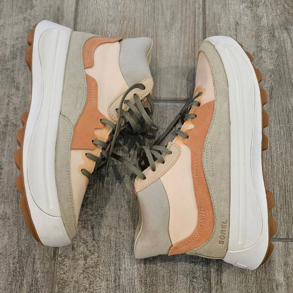 Sorel Kinetic Breakthru Day Lace Sneakers Womens 8 Peach Sage Mid Top Trainers